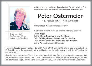 Traueranzeige von Peter Ostermeier von Allgäuer Anzeigeblatt