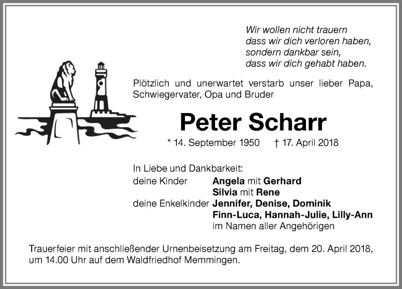  Traueranzeige für Peter Scharr vom 19.04.2018 aus Memminger Zeitung