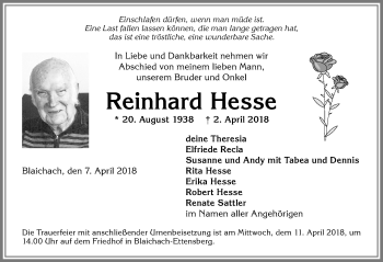 Traueranzeige von Reinhard Hesse von Allgäuer Anzeigeblatt