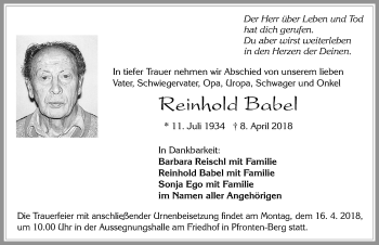 Traueranzeige von Reinhold Babel von Allgäuer Zeitung, Füssen