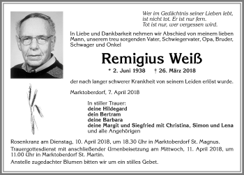 Traueranzeige von Remigius Weiß von Allgäuer Zeitung, Marktoberdorf