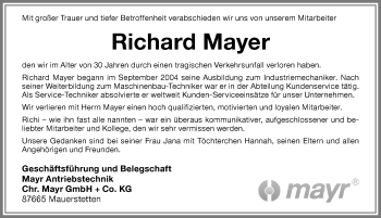 Traueranzeige von Richard Mayer von Allgäuer Zeitung