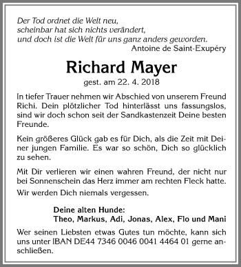 Traueranzeige von Richard Mayer von Allgäuer Zeitung, Marktoberdorf