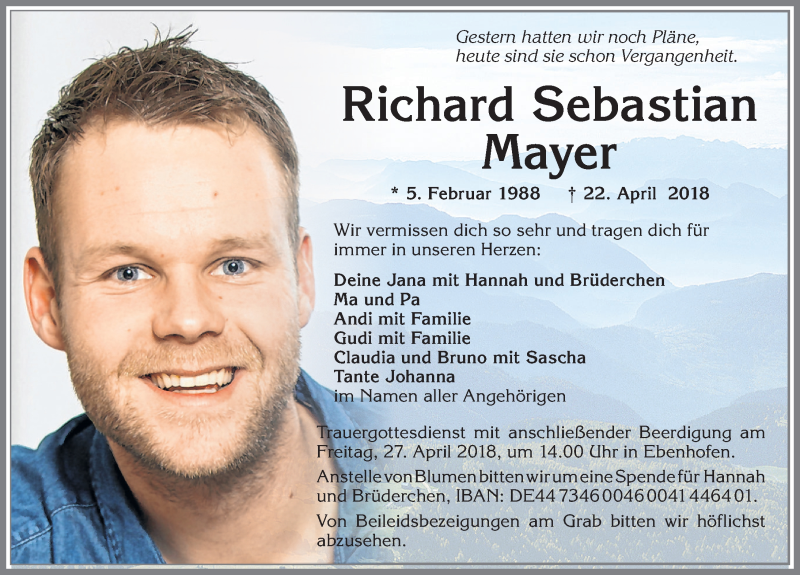  Traueranzeige für Richard Sebastian Mayer vom 26.04.2018 aus Allgäuer Zeitung