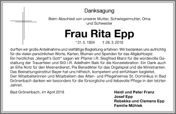 Traueranzeige von Rita Epp von Memminger Zeitung