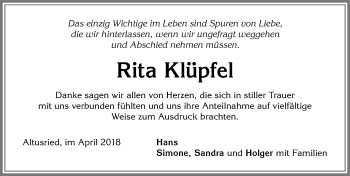 Traueranzeige von Rita Klüpfel von Allgäuer Zeitung,Kempten