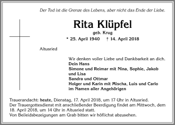 Traueranzeige von Rita Klüpfel von Allgäuer Zeitung,Kempten