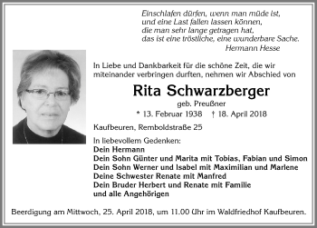 Traueranzeige von Rita Schwarzberger von Allgäuer Zeitung, Kaufbeuren/Buchloe