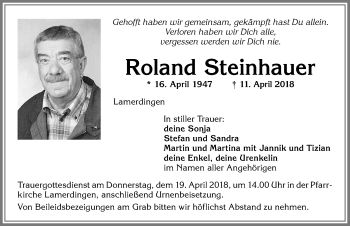 Traueranzeige von Roland Steinhauer von Allgäuer Zeitung, Kaufbeuren/Buchloe