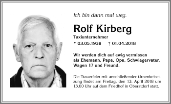 Traueranzeige von Rolf Kirberg von Allgäuer Anzeigeblatt