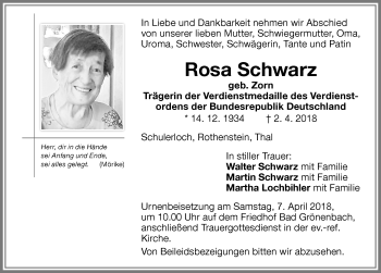 Traueranzeige von Rosa Schwarz von Memminger Zeitung