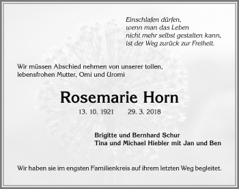 Traueranzeige von Rosemarie Horn von Allgäuer Anzeigeblatt