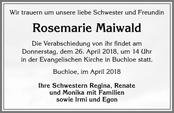 Traueranzeige von Rosemarie Maiwald von Allgäuer Zeitung, Kaufbeuren/Buchloe