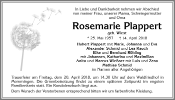 Traueranzeige von Rosemarie Plappert von Allgäuer Zeitung