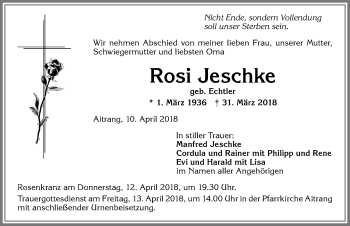 Traueranzeige von Rosi Jeschke von Allgäuer Zeitung, Marktoberdorf