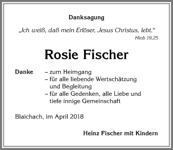 Traueranzeige von Rosie Fischer von Allgäuer Anzeigeblatt