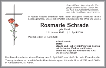 Traueranzeige von Rosmarie Schrade von Allgäuer Zeitung, Marktoberdorf