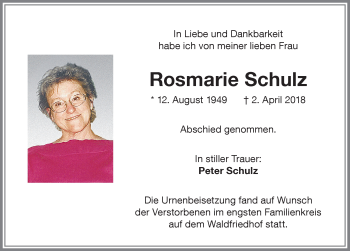 Traueranzeige von Rosmarie Schulz von Memminger Zeitung