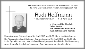 Traueranzeige von Rudi Hoffmann von Allgäuer Zeitung, Füssen