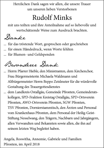 Traueranzeige von Rudolf Minks von Allgäuer Zeitung, Füssen
