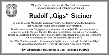 Traueranzeige von Rudolf Steiner von Allgäuer Zeitung, Kaufbeuren/Buchloe