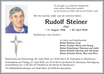 Traueranzeige von Rudolf Steiner von Allgäuer Zeitung, Kaufbeuren/Buchloe