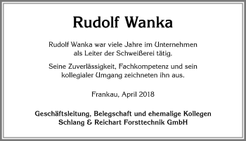 Traueranzeige von Rudolf Wanka von Allgäuer Zeitung, Marktoberdorf