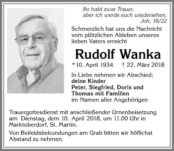 Traueranzeige von Rudolf Wanka von Allgäuer Zeitung, Marktoberdorf