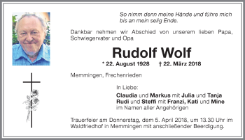 Traueranzeige von Rudolf Wolf von Memminger Zeitung