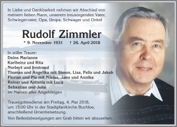 Traueranzeige von Rudolf Zimmler von Allgäuer Zeitung, Kaufbeuren/Buchloe
