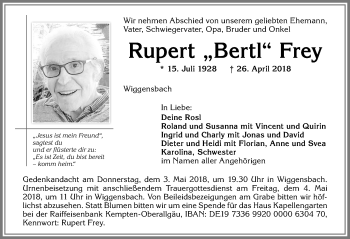 Traueranzeige von Rupert Frey von Allgäuer Zeitung,Kempten