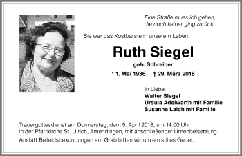 Traueranzeige von Ruth Siegel von Memminger Zeitung
