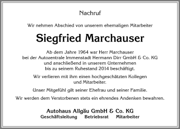 Traueranzeige von Siegfried Marchauser von Allgäuer Anzeigeblatt