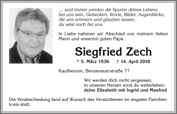 Traueranzeige von Siegfried Zech von Allgäuer Zeitung, Kaufbeuren/Buchloe