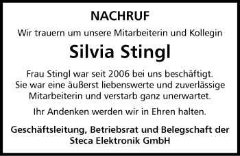 Traueranzeige von Silvia Stingl von Memminger Zeitung