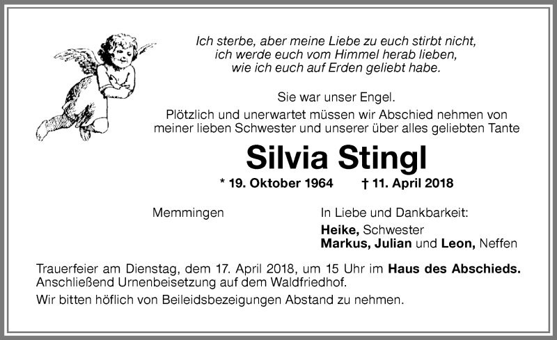  Traueranzeige für Silvia Stingl vom 14.04.2018 aus Memminger Zeitung
