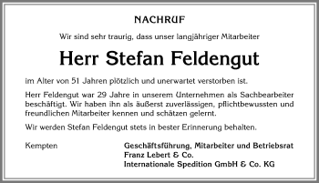 Traueranzeige von Stefan Feldengut von Allgäuer Zeitung,Kempten