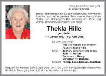 Traueranzeige von Thekla Hille von Memminger Zeitung