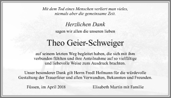 Traueranzeige von Theo Geier-Schweiger von Allgäuer Zeitung, Füssen
