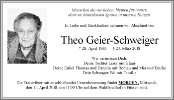 Traueranzeige von Theo Geier-Schweiger von Allgäuer Zeitung, Füssen