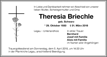 Traueranzeige von Theresia Briechle von Memminger Zeitung