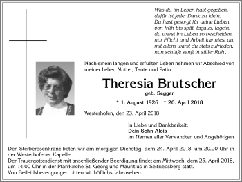 Traueranzeige von Theresia Brutscher von Allgäuer Anzeigeblatt