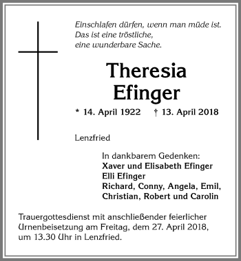 Traueranzeige von Theresia Efinger von Allgäuer Zeitung,Kempten