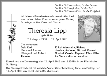 Traueranzeige von Theresia Lipp von Allgäuer Zeitung, Füssen