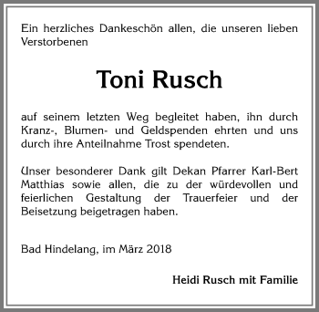 Traueranzeige von Toni Rusch von Allgäuer Anzeigeblatt