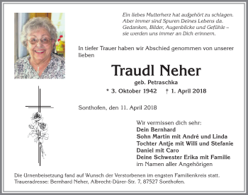 Traueranzeige von Traudl Neher von Allgäuer Anzeigeblatt
