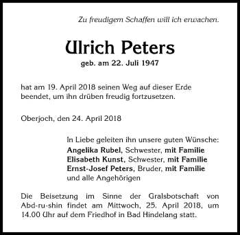 Traueranzeige von Ulrich Peters von Allgäuer Anzeigeblatt