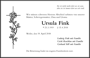 Traueranzeige von Ursula Fink von Der Westallgäuer