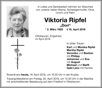 Traueranzeige von Viktoria Ripfel von Memminger Zeitung