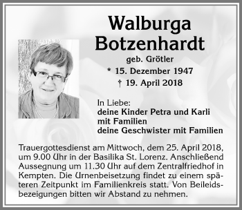 Traueranzeige von Walburga Botzenhardt von Allgäuer Zeitung,Kempten